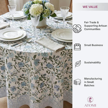 ATOSII Mahoka Blue 100% Cotton Round Tablecloth, Block Print Floral Table Cloth for Dining, Parties, Weddings, Outdoors, Holidays I 60" Inches I Grandmillennial Farmhouse Boho Spring Summer
