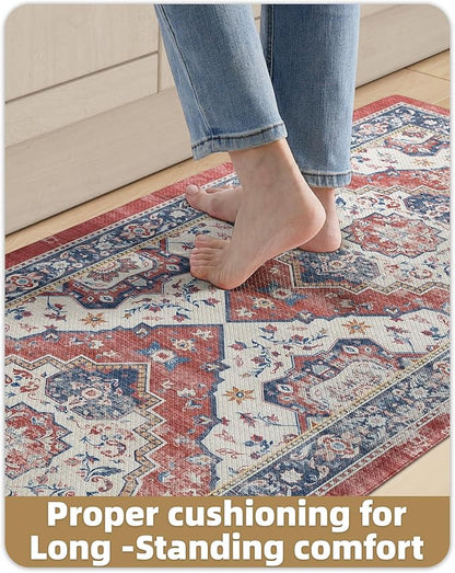 Color&Geometry Kitchen Floor Mats Anti Fatigue, Cushioned Boho Rugs,Waterproof Non Slip Kitchen Runner for Sink, Standing Mats for Office,24"x59",Red