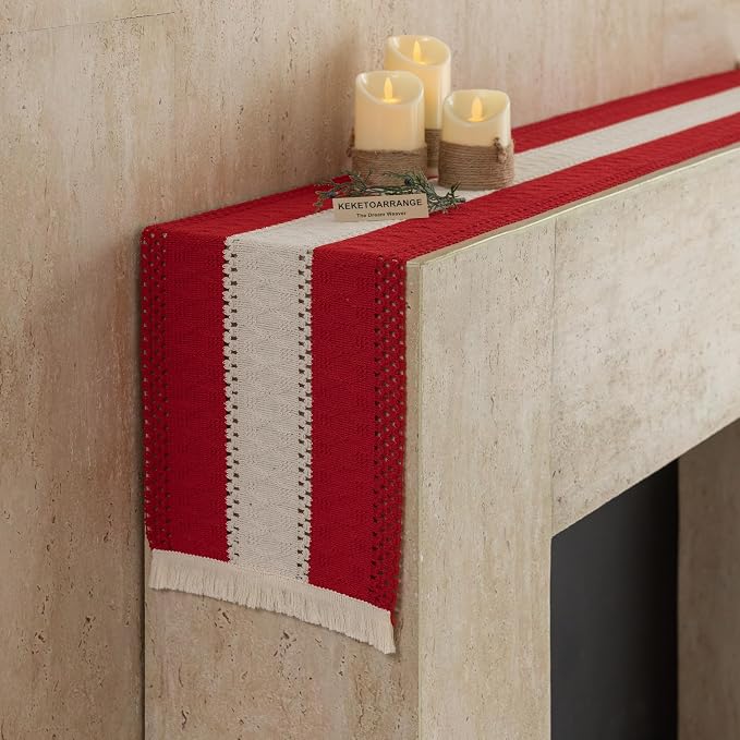Keketoarrange Christmas Red Boho Table Runner 12x60 Inch | Woven Burlap - Image 8