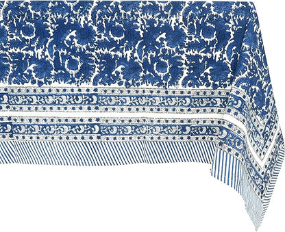 ATOSII Paradise Blue 100% Cotton Rectangle Summer Tablecloth, Handblock Floral Print Linen Table Cloth for Kitchen Dining I Parties, Weddings, Outdoors, 60 X 108 Inches I 8 Seater