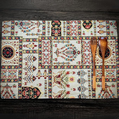 DaDa Bedding Elegant Floral Tapestry Placemats - Set of 4, Mughal-Inspired Woven Cotton Linen Dining Mats, Multi-Colored Vintage Garden Design - 13” x 19