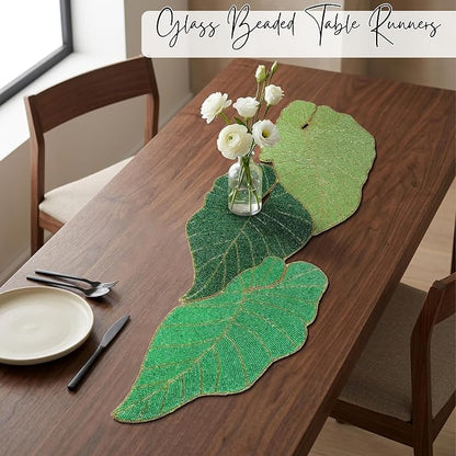 Green Leaf Beaded Table Runner, 36 in, Handcrafted Décor | 13x36 in, glass - Image 2