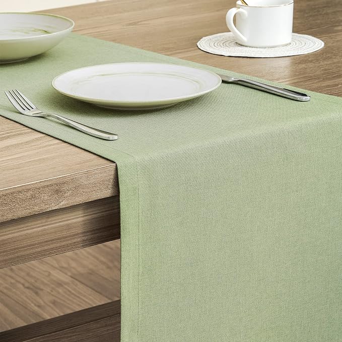 Basic Linen Style Table Runner, 14x60 Inch Sage Green | Mitered Corner Design - Image 4