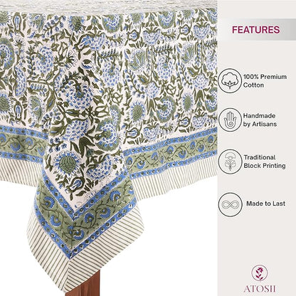 ATOSII Clover Blue 100% Cotton Rectangle Fall Tablecloth, Handblock Floral Linen Table Cloth for Kitchen Dining Table I Parties Christmas Thanksgiving I Fall Home Decor 60 X 90 Inches I 6 Seater