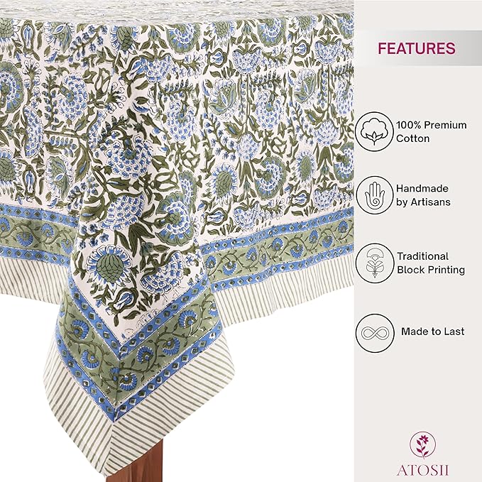 ATOSII Clover Blue 100% Cotton Square Fall Tablecloth, Handblock Floral Linen Table Cloth for Kitchen Dining Table I Parties Christmas Thanksgiving I Fall Home Decor 60 X 60 Inches I 4 Seater