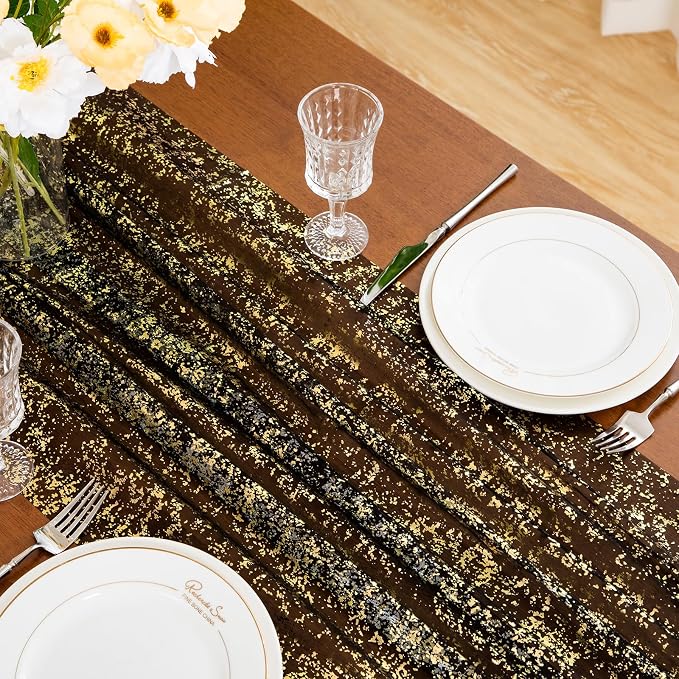 SiinvdaBZX Black Gold Sheer Tulle Table Runner 120 Inch/10 Ft Long | Gauze - Image 6
