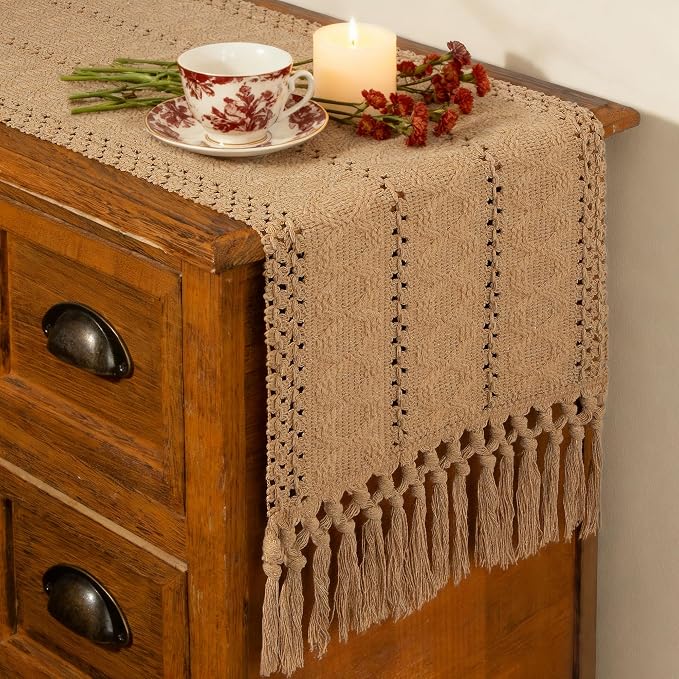 Boho Table Runner Fall Burlap Brown Coffee Table Decor 12x90 Inch | 90 Inches by FEXIA