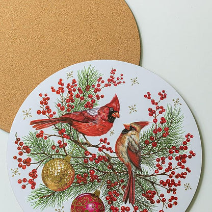 Benson Mills Cork Placemats Set of 4, Thick Cork Place Mats for Kitchen and Dining Tables, Easy Clean Table Mats for Christmas, Winter, and Holidays (13.75" Round Set of 4, Festive Cardinals)