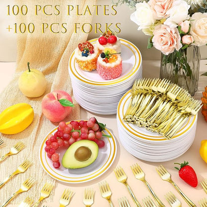 Eccliy 400 Pieces Plastic Cake Plates with Dessert Forks, 7.5 Inch Disposable Plastic Plates Appetizer Plates Salad Plates Party Plates Heavy Duty for Wedding Reception Parties Holidays (Gold)