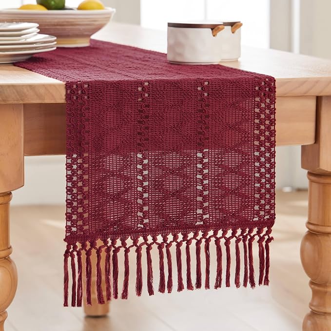 Macrame Style Boho Table Runner, 12x48 Inch Burgundy | Woven Boho Table Runner - Image 7
