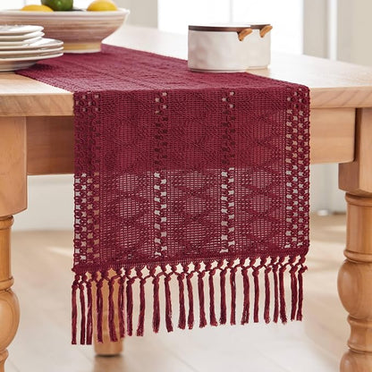 Macrame Style Boho Table Runner, 12x60 Inch Burgundy | Woven Boho Table Runner - Image 7