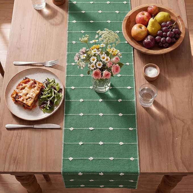 Artoid Mode Green Farbic Rustic Cotton Woven Table Runner, Farmhouse Christmas - Image 4