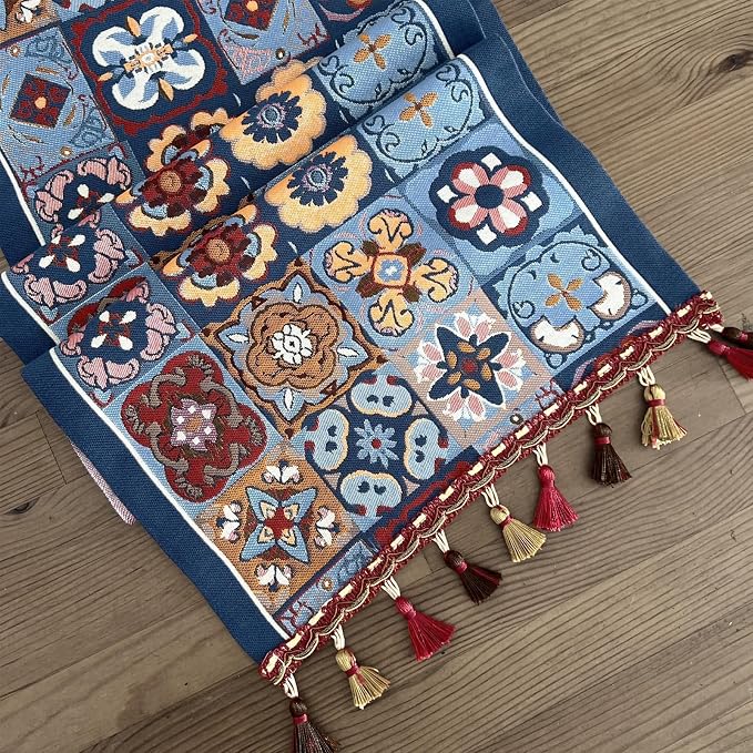 Floral Table Runner with Tassel Edges, Cotton Blend Decorative Runner - Image 4