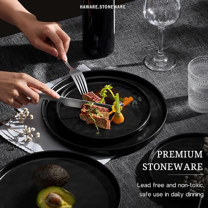 HaWare Dinnerware Sets, 12-Piece Plates and Bowls Set, Matte Black | Stoneware - Image 5