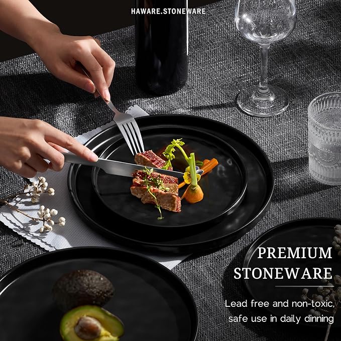 HaWare Dinnerware Sets, 18-Piece Plates and Bowls Set, Matte Black | Stoneware - Image 5