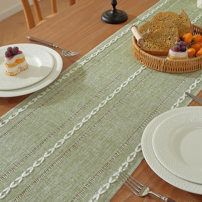 Sage Green Boho Cotton Linen Table Runner, Farmhouse Woven Table Runners Spring - Image 5