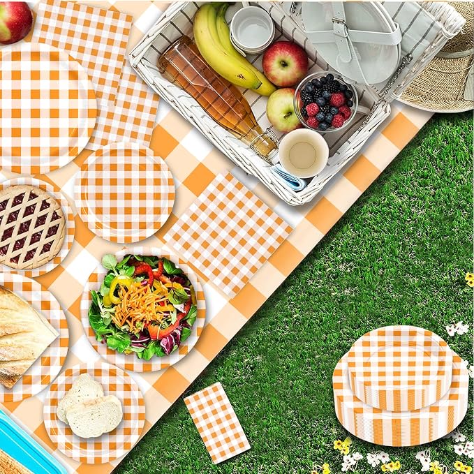 180Pcs Orange Gingham Party Supplies Paper Plates and Napkins Serve 60 | - Image 4