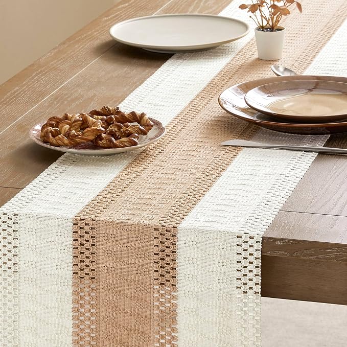 Macrame Style Bicolor Stitching Table Runner 14x36in Beige | Woven Boho Table - Image 4