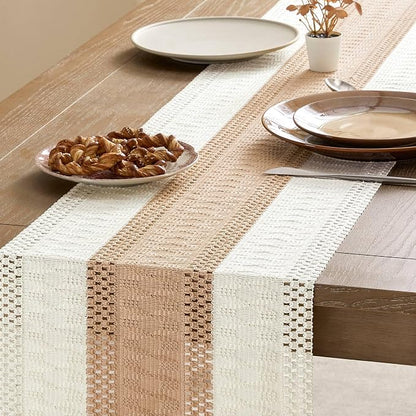 Macrame Style Bicolor Stitching Table Runner 14x108in Beige | Woven Boho Table - Image 4
