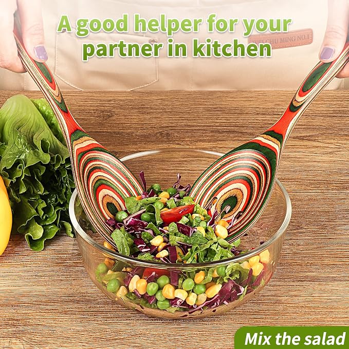 Salad Tongs, Pakkawood Wooden Spoons, Mixing Dinner Fork and Spoon | 10.5in - Image 6