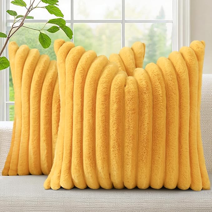 decorUhome Cozy Faux Fur Throw Pillow Covers 22x22 Set of 2 Decorative Soft Plush Striped Modern Farmhouse Boho Couch Euro Sham Pillow Cases with Velvet Back for Sofa Bed Living Room, Mustard Yellow