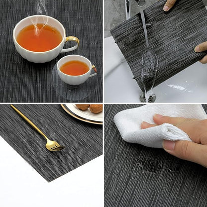 SHACOS Placemats Set of 4 Woven Vinyl Place Mats for Dining Table Wipe Clean Non Slip Table Mats (4, Black)