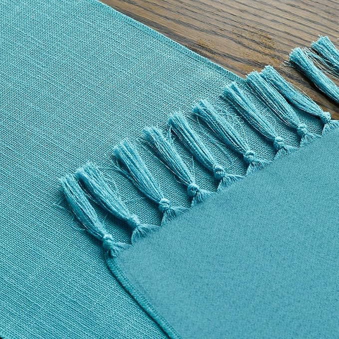Artoid Mode Teal Tassel Table Runner, Winter Linen Blend Rustic Farmhouse Style - Image 4