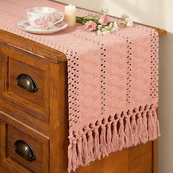 Pink Table Runner Boho Dresser Runner Home Coffee Table Decor 12x72 Inch | 72 by FEXIA
