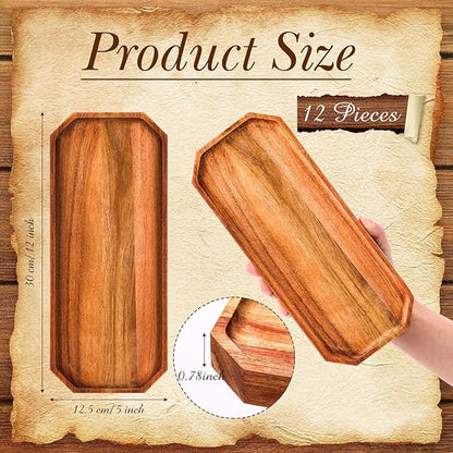 Dandat 12 Pack Wooden Serving Platter Acacia Wood Platters 12 x 5 Inch Rustic Serving Tray Rectangular Charcuterie Board Cheese Plate for Home Decor Dessert Vegetables Fruit Cookie