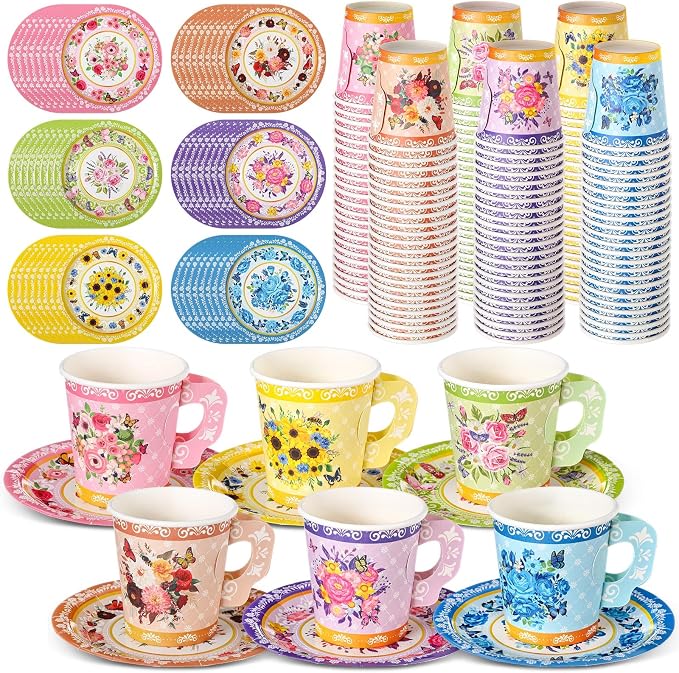 Nuogo 300 Pcs Floral Paper Tea Cups and Saucers 7 OZ Disposable Cups by Nuogo