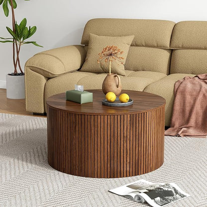 Mid Century Round Fluted Lift Top Coffee Table, Modern Center Table with Storage and Compartment, 2 Tier Small Circle Dining Table, for Living Room, Home Small Space, Walnut Oak-1