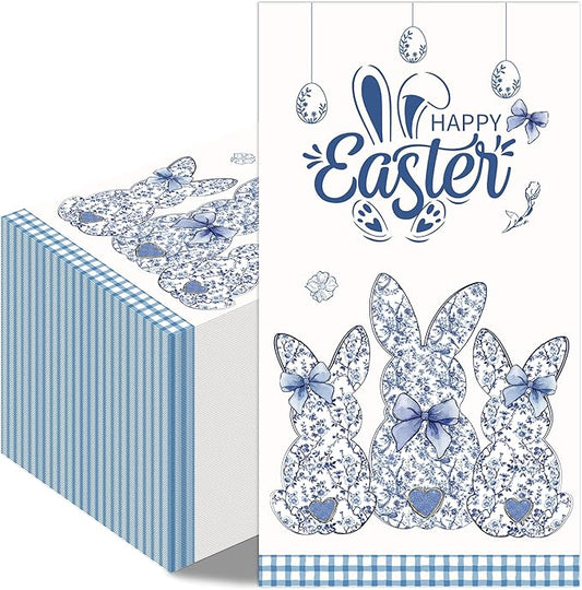 Easter Bunny Chinoiserie Napkins - 100 Pcs Blue White Happy Paper Dinner Disposable Party Decorations Sets Decorative Guest Cocktail Table Luncheon Beverage Supplies Decor Bulk 7.9 x 4.3 In