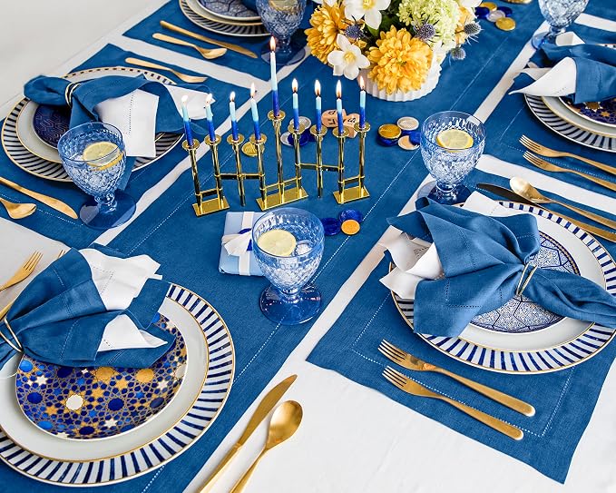 Solino Home 100% Pure Linen Table Runner Indigo Blue Hemstitch, 14 x 36 in | - Image 4