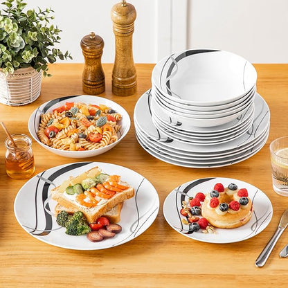 VEWEET Porcelain Dinnerware Sets for 6, 18 Pieces Plates and Bowls Set with Black and Grey Ribbon Lines, Dishes Set Dining Ware for Dinner, Microwave and Dishwasher Safe, Series FIONA