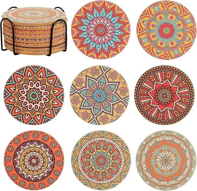 Cork Coasters Set of 8 with Holder, Colorful Cup Coasters by Puluole