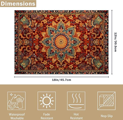 Ethnic Boho Placemats Set of 6, Southwest Orange Blue Teal Carpet Woven Texture Linen Washable Table Mats for Christmas, Thanksgiving, Party, and Dining 12x18 in