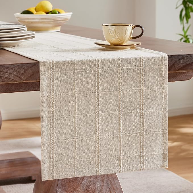 Linen Checked Farmhouse Table Runner, 13x48 Inches Neutral Beige | Raised Grid - Image 4