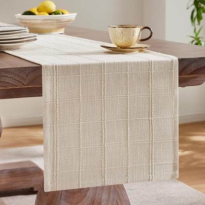 Linen Checked Farmhouse Table Runner, 13x48 Inches Neutral Beige | Raised Grid - Image 4