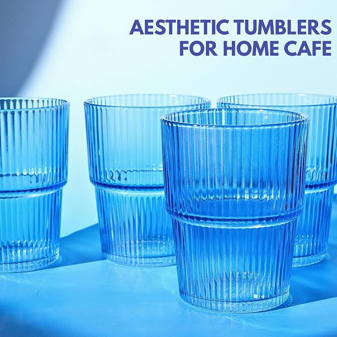 Blue Ribbed Drinking Glasses, 14 fl oz Glass Cups Set of 4 | Aesthetic Style - Image 7