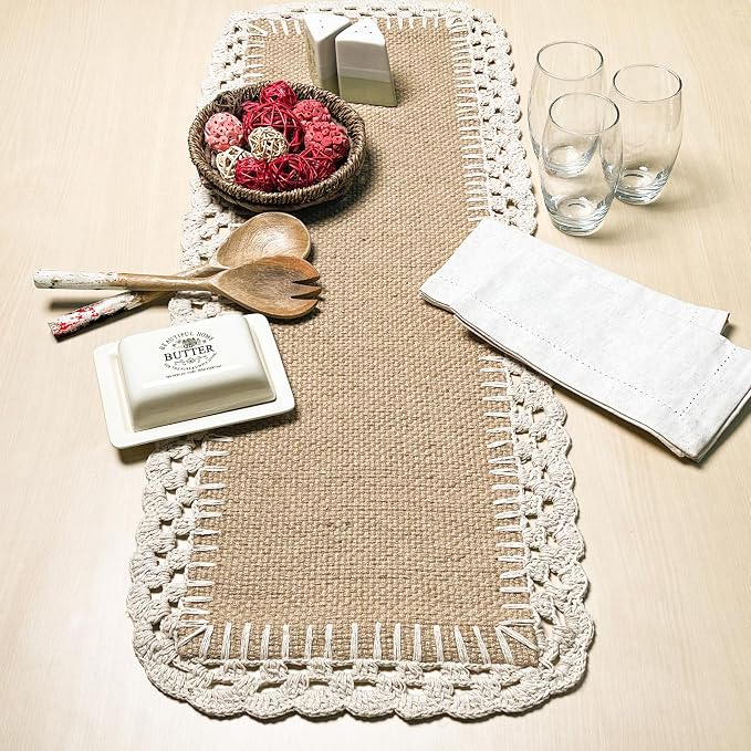 Woven Jute with Ivory Handcrafted Crochet Border Decorative Table Runner - Image 2