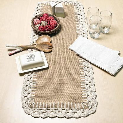 Woven Jute with Ivory Handcrafted Crochet Border Decorative Table Runner - Image 2