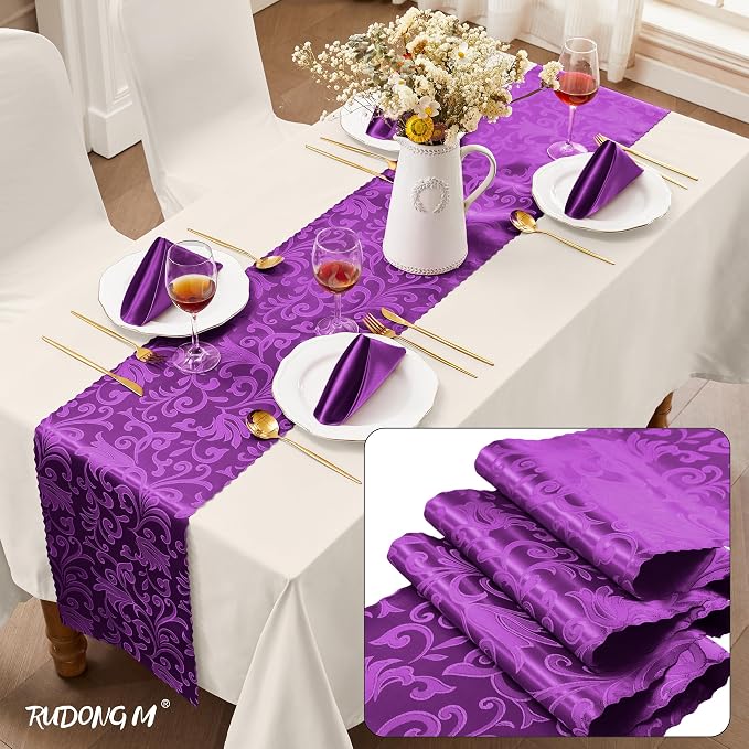 RUDONG M Purple Satin Table Runners, 12 x 108 Inch, 2 Pack | Long Silky Damask - Image 2