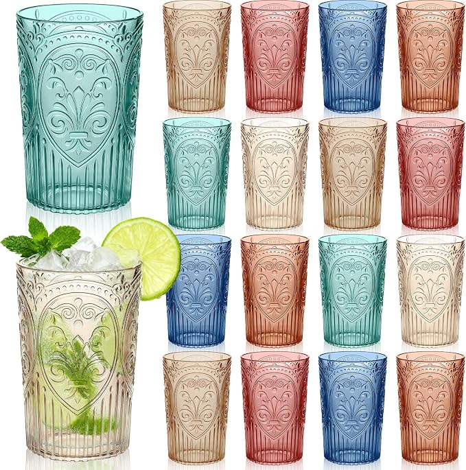 24 Pcs 16 oz Plastic Vintage Drinking Glasses Stemless Ribbed Highball Glasses by Unknown