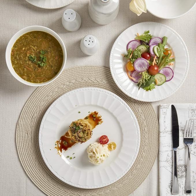 Tabletops Gallery Embossed Bone White Porcelain Round Dinnerware Collection- - Image 2