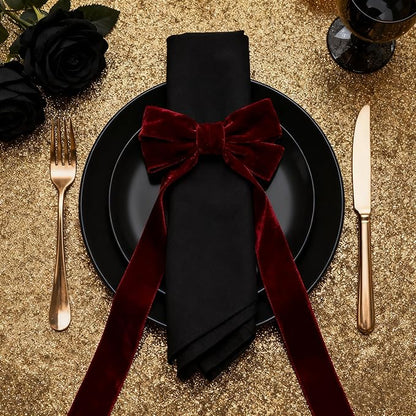 Bow Napkin Rings Set of 12 Luxury Soft Burgundy Velvet Napkin Holders, Elegant Bow Design for Christmas Holiday Dinner Wedding Party Table Decor