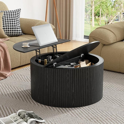Round Fluted Lift Top Coffee Table, Mid Century Modern Center Table with Storage and Compartment, 2 Tier Small Circle Dining Table, for Living Room, Home Small Space, Black