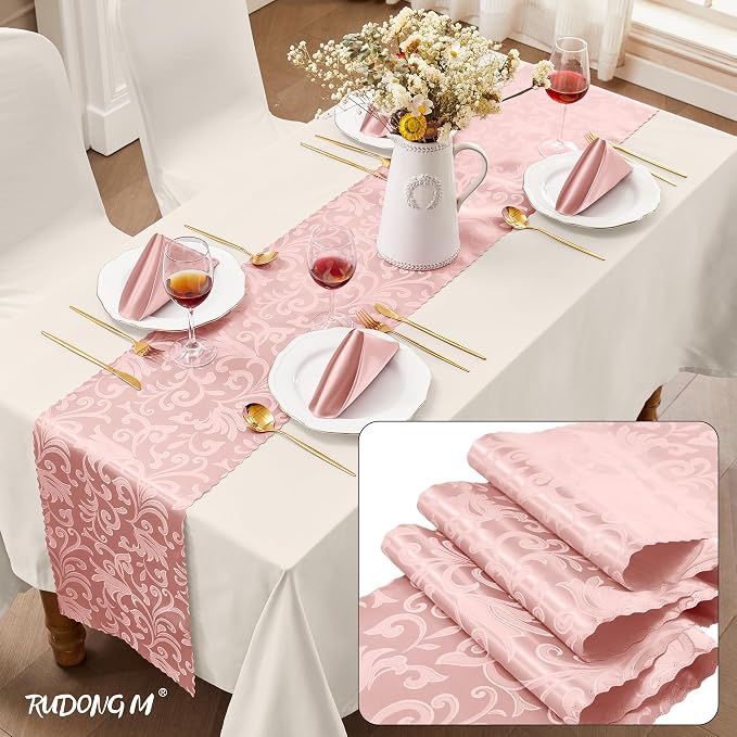 RUDONG M 2 Pack Rose Gold Satin Table Runners 12 x 108 Inch | Long Silky Damask - Image 2