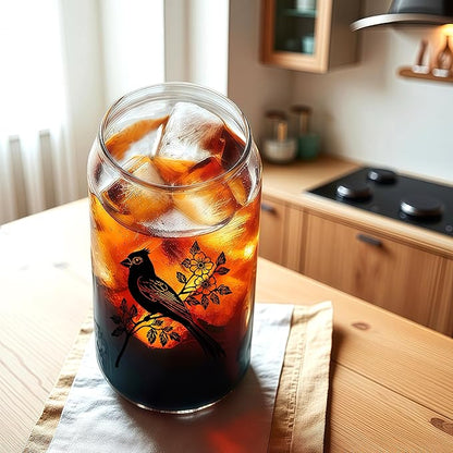 Cute Cardinal Glass Cup With Lids And Straws, Cardinal Gift For Women, Iced, Coffee, Smoothie, Cocktail, Beer, Whiskey, Soda, Matcha,16 Oz, Home Office Table Desk Decoration!