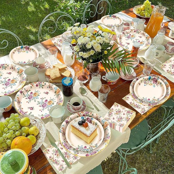 180Pcs Vintage Floral Party Supplies Paper Plates and Napkins Serve 60 | - Image 6