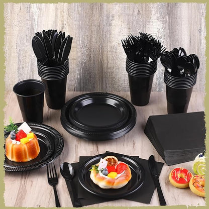 Kochorie 240 Pieces Black Plastic Dinnerware Set for 30 Guests Disposable Heavy Duty Plates Napkins Cups and Silverware Dessert Dinner Plates for Birthday Wedding Halloween Party Supplies